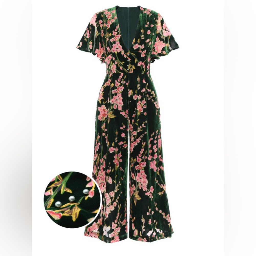 Retro Stage Velvet Jumpsuit Womens Medium (4-6) Floral Wide Leg 1930s Inspired